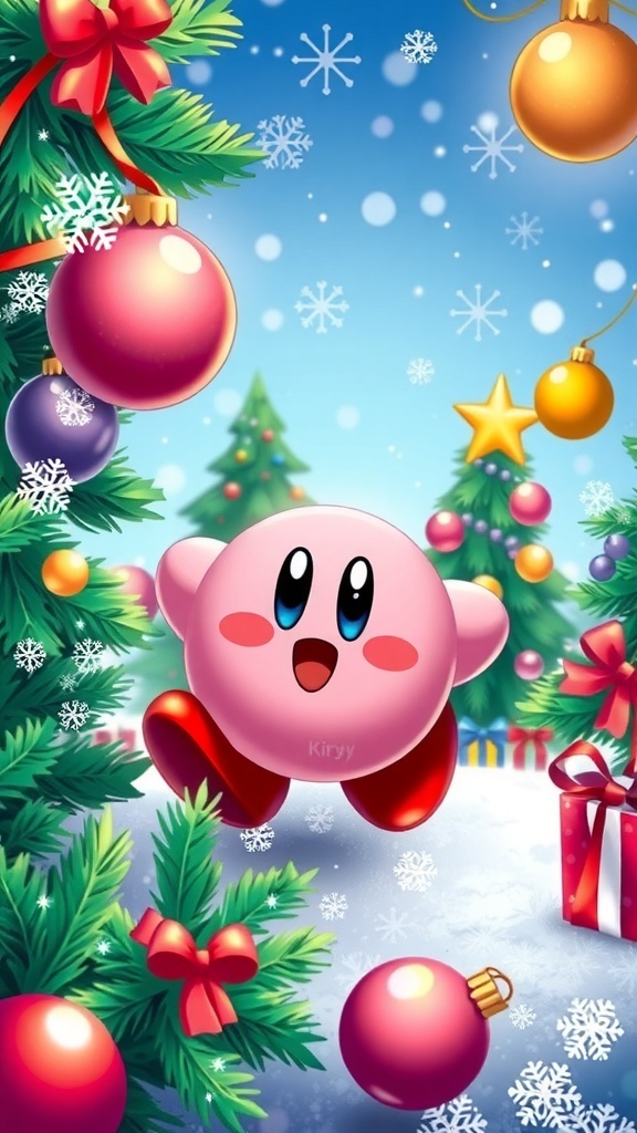 Kirby celebrating Christmas with snowflakes, trees, and ornaments in a colorful wallpaper design.